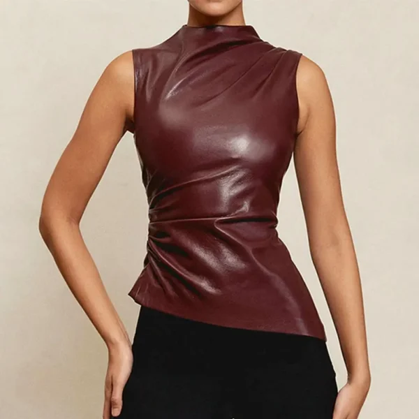 Slim Fit Sleeveless Top Solid Color Slim Fit Top Stylish Women's Faux Leather Motorcycle Vest with Piled Collar for Fashionable 5