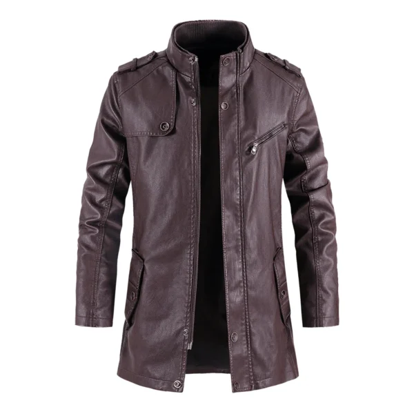 New Winter Long PU Leather Jackets Men Stand Collar Windbreaker Faux Outerwear Motorcycle Casual Warm Leather Coats Man Clothing 3