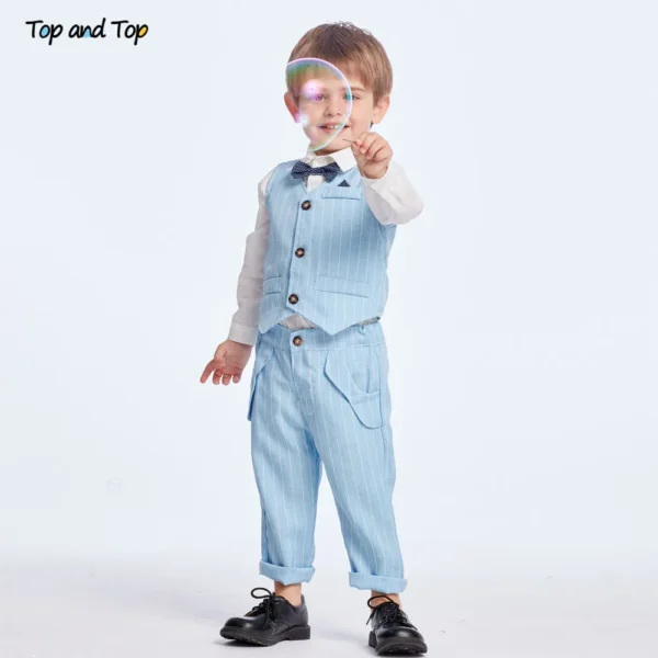 Top and Top Spring&Autumn Baby Boy Gentleman Suit White Shirt with Bow Tie+Striped Vest+Trousers 3Pcs Formal Kids Clothes Set 2