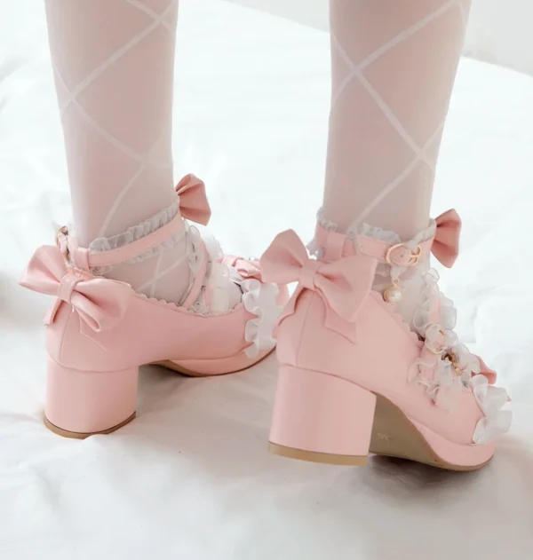 2024 Women High Heels Cross Strap Mary Jane Pumps Party Wedding White Pink Black Ruffles Bow Princess Cosplay Lolita Shoes 31-43 4