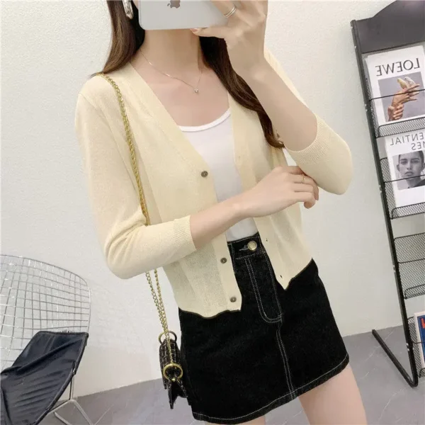 Spring/Summer Ice Linen Knitted Split Sleeve Cardigan Women's Versatile Office Air Conditioning Shirt Fashion Sunscreen Top 5