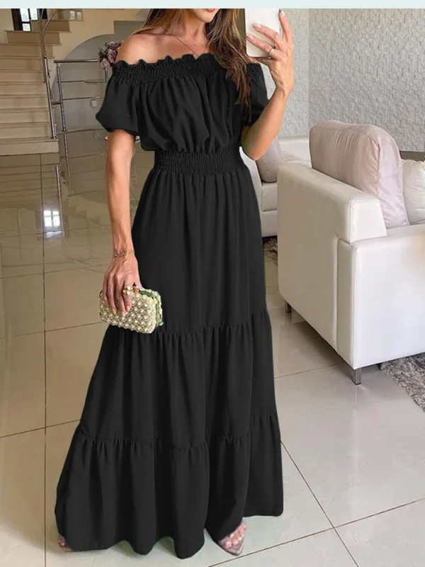 Elegant Solid Color Puff Short Sleeve Women Dress Ruffles Ong Shoulder Elastic Waistband Dresses Boho Style Robe Femme Vestidos 2