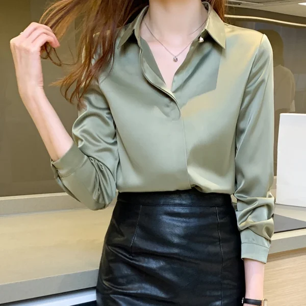 Autumn Winter Women's Long Sleeve Polo Neck Simple Shirt Sleeve Solid Color Commuter Versatile Chiffon Tops Blouse Camisas A578 3