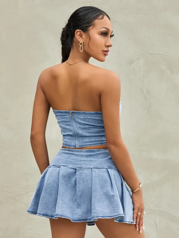 Women's Summer 2PCS Outfit Sets Solid Color Sleeveless Off Shoulder Zipper Bandeau + Pleated Denim Skirt 2