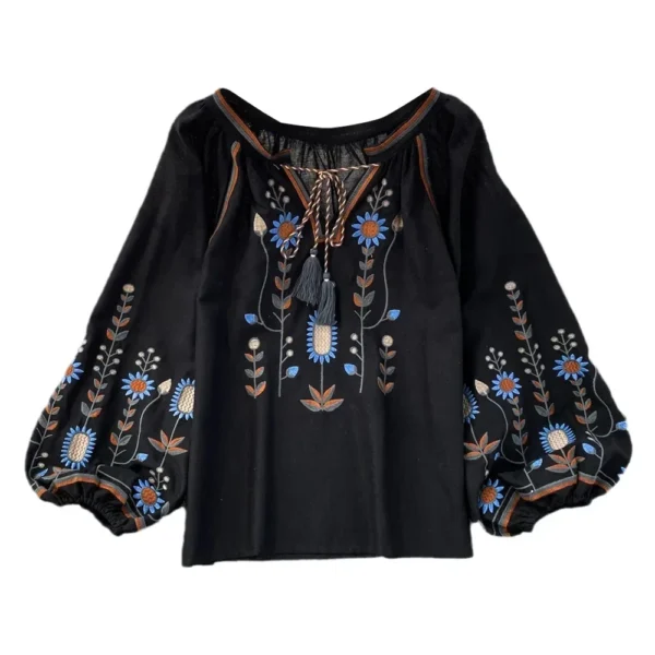 Autumn Casual Women Blouse Fashion V-neck Long Lantern Sleeve Embroidery Shirts Vintage Minority Ladies Tops Dropshipping 5