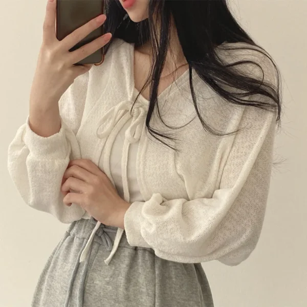 Lucyever White Knitted Cardigan Women Summer Thin Sunscreen Lace-Up Knitwear Tops Female Korean Style Lantern Sleeve Short Coat 2