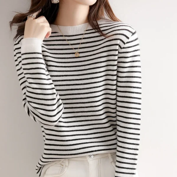 Women O-Neck Striped Sweater Harajuku Winter Retro Women's Thick Slim Stretch Warm Tops 2022 Autumn Knitted Pullover 1