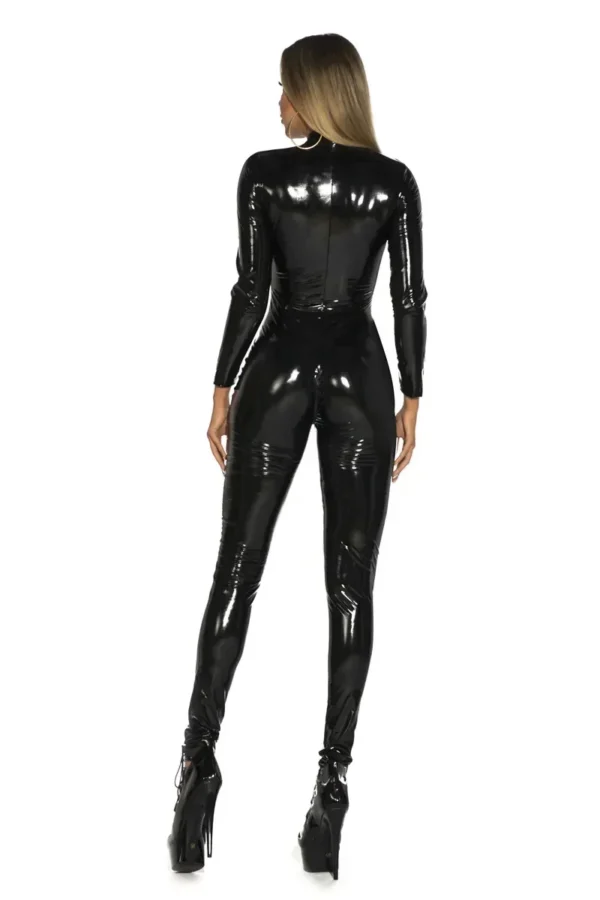 Women's Wet Look Shiny PU Faux Leather Jumpsuit Suit Long Sleeve Zipper Open Crotch Latex Bodysuit Clubwear Plus Size 3