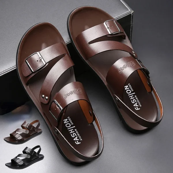 Fashion Comfortable Men's Sandals Solid Color Open Toe Mens Leather Sandals 2023 New Slippers Beach for Male Leather Footwear 1