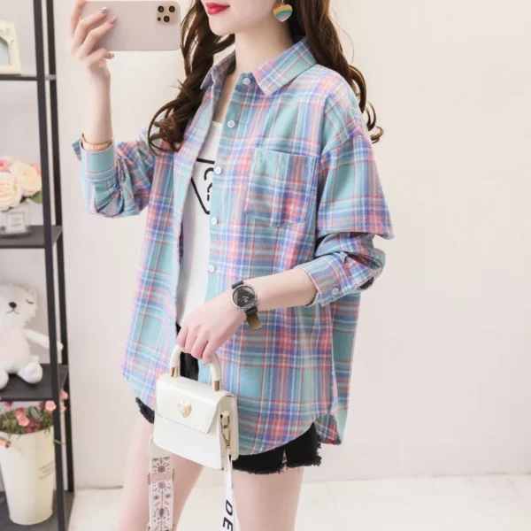 2023 New Women Long Sleeve Shirts Red and Black Flannel Plaid Shirt Tops Brand Casual Loose Female Check Blouses Clothes 3