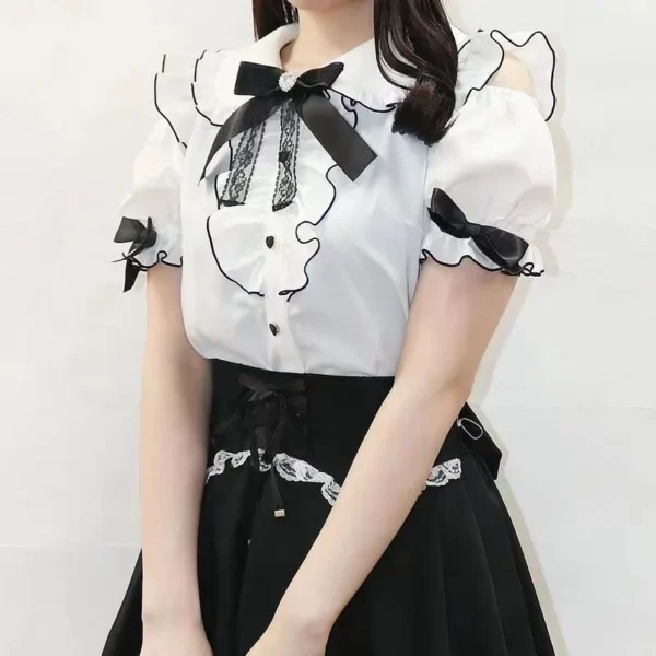 Sweet Lolita Fashion All Match Blouses Women Japanese Summer Y2k Aesthetic Ruffled Bow Shirts Girly Kawaii Off-Shoulder Tops 3