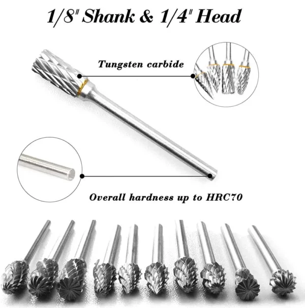 New 10 pcs 1/8" Shank Tungsten Carbide Milling Cutter Rotary Tool Burr Double Diamond Cut Rotary Dremel Tools Electric Grinding 3