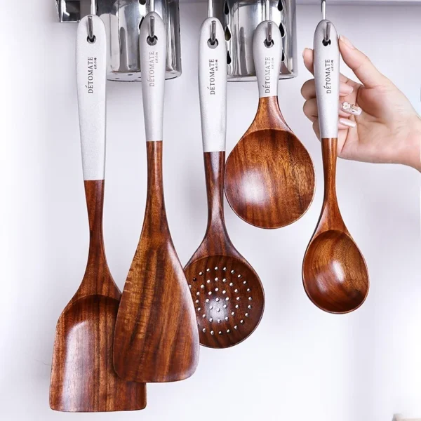 Thailand Teak Natural Wood Tableware Spoon Ladle Turner Long Rice Colander Soup Skimmer Cooking Spoons Scoop Kitchen Tool Set 1