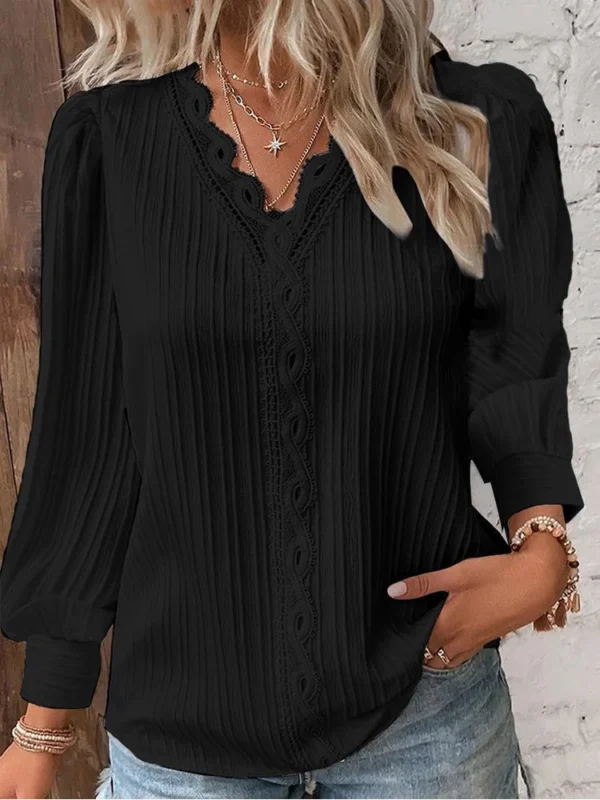 Elegant Hollow Lace Patchwork Women Shirt Chic Long Sleeved V-neck Design Fashion Shirt Plain Lace Casual Basic Regular Tops 5