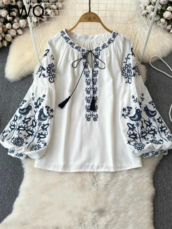 EWQ Embroidered Design Loose Blouse Women Lace-up Collar Lantern Sleeves Fashion Tops Bohemian Style 2024 Summer New 27C238 1