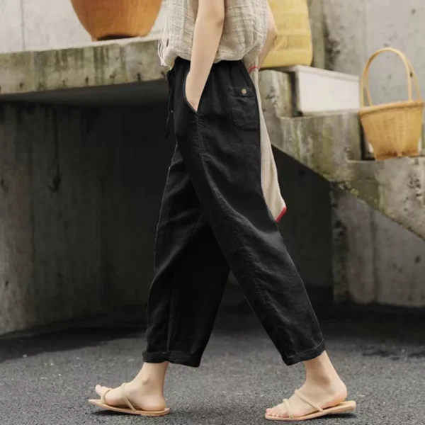 Women Solid Lace Up Casual Pants Summer Baggy Elastic Waist Trouser Wide Leg Pant With Pocket Casual Cropped Cotton Linen Pants 3