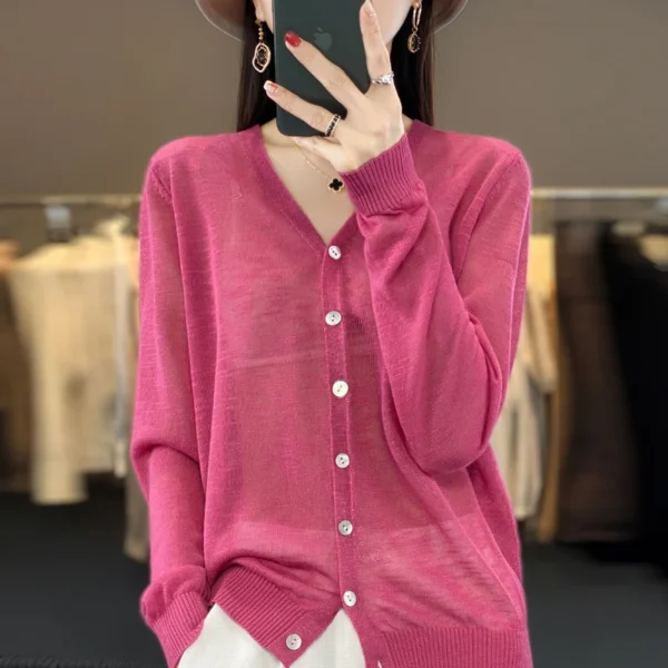 Summer Sunscreen Ice Silk Cardigan Women's V-Neck Long Sleeve Loose Knitted Top Solid Transparent Cardigan Air Conditioned Shirt 2