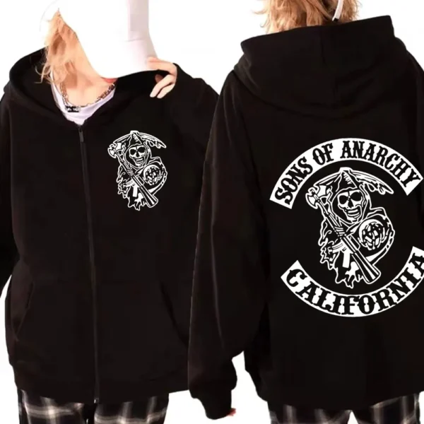 Sons of Anarchys SAMCRO Graphic Zipper Hoodie Men's Women's Gothic Vintage Zip Up Sweatshirt High Street Trend Fashion Pullovers 1