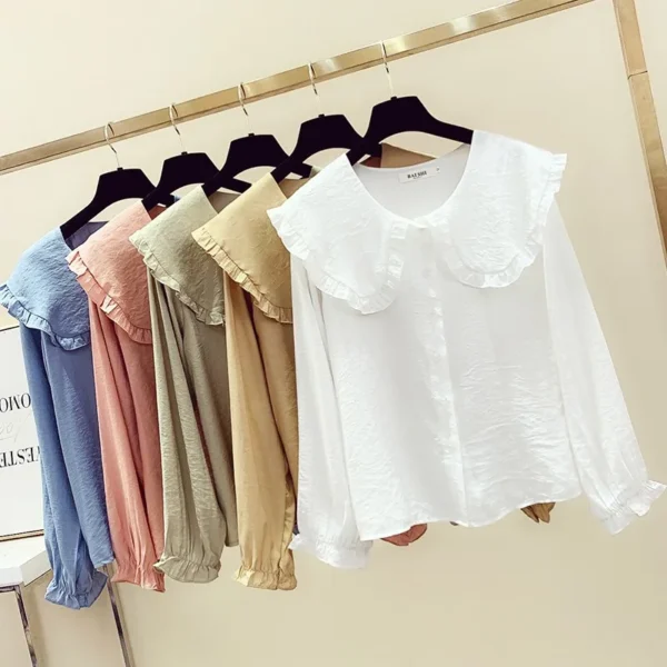 2024 Spring Summer Women's Fashion Vintage Peter Pan Collar Solid Slim Shirts Long Sleeve Casual Cotton Basic Blouse Female Tops 1