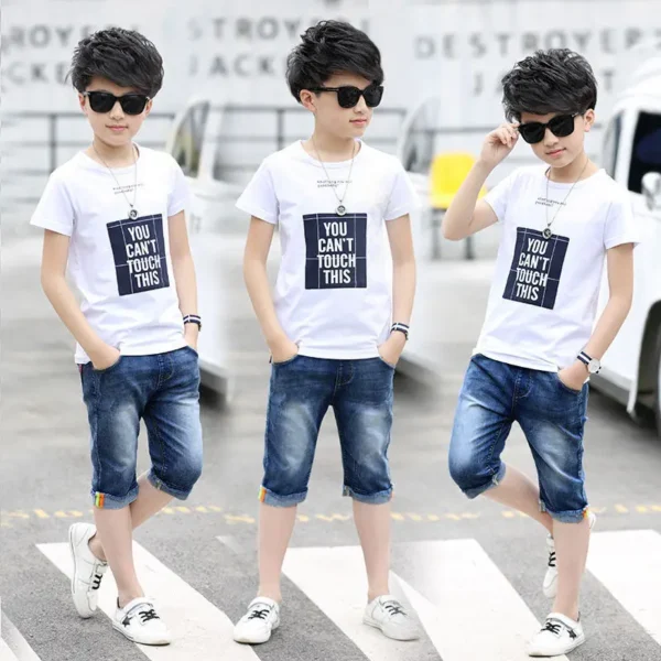 2024 autumn Boys Clothes Sport Set Casual Short Sleeve Children tracksuit letter shirt + demin shorts pants 5 6 7 8 9 10 11 year 1