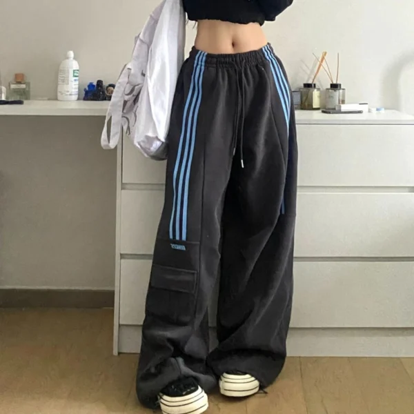 American Retro Lazy Style Wide Leg Pants Women Solid Stripes Elastic High Waist Drawstring Loose Casual Straight Sports Trousers 2