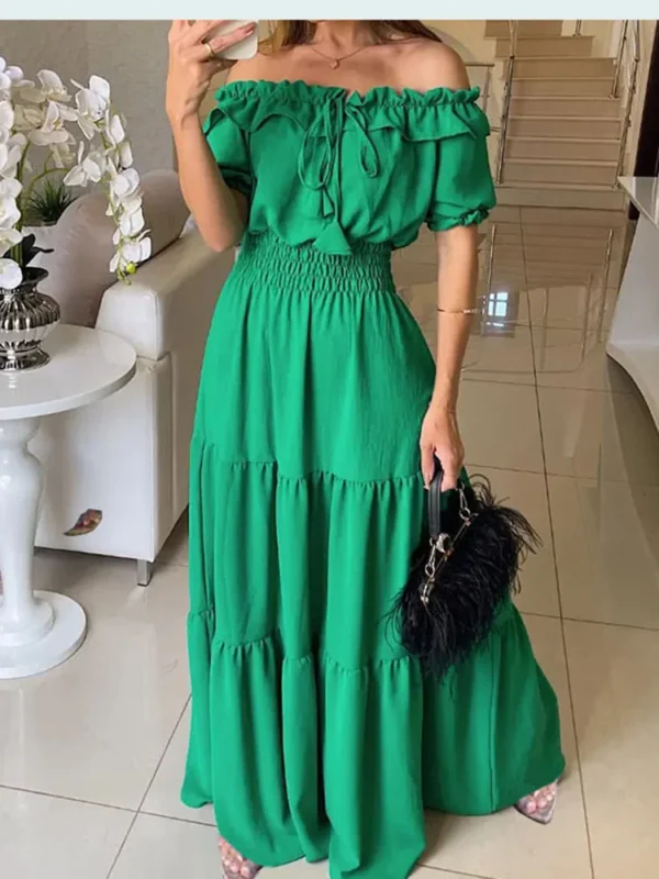 Elegant Solid Color Puff Short Sleeve Women Dress Ruffles Ong Shoulder Elastic Waistband Dresses Boho Style Robe Femme Vestidos 1