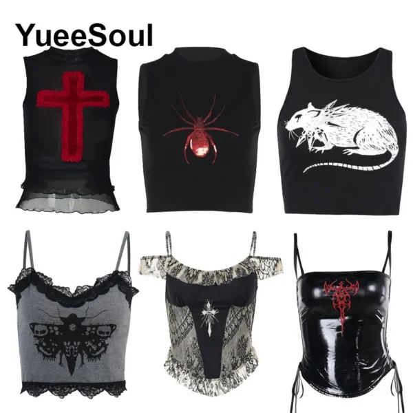 Gothic Crop Tops Black Spaghetti Strap Mesh Slim Corset Tops 2024 New Goth Punk Grunge Fairy Core Sexy Y2K Halloween Clothing 5