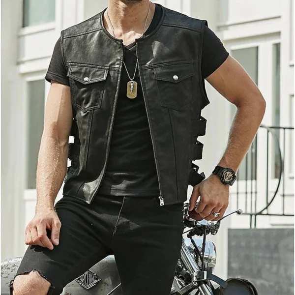 New Men's Motorcycle Biker Faux Leather Vest Jacket Waistcoat Solid Color Zip Up Vest Tops Male Clothing Streetwear 2