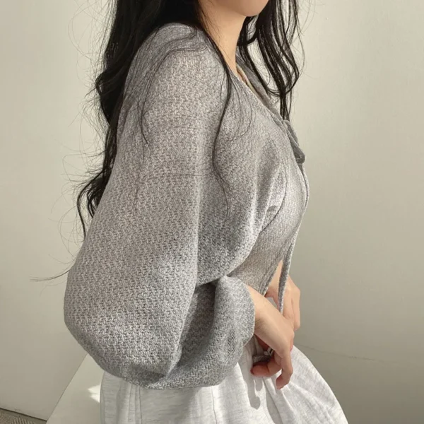 Lucyever White Knitted Cardigan Women Summer Thin Sunscreen Lace-Up Knitwear Tops Female Korean Style Lantern Sleeve Short Coat 4