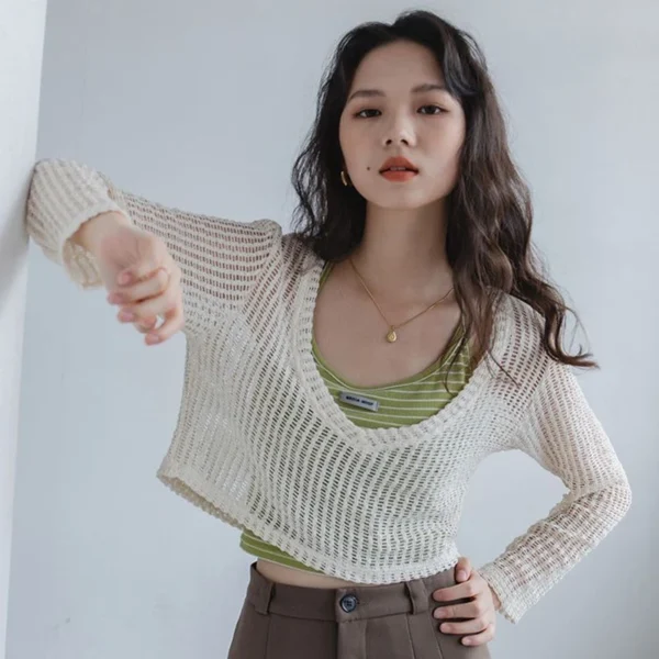 2024 Spring Summer Women Green Clothing Outfits Korean Lady Fashion Hollow Out Knit Tops Sling Vest High Waist Pants 3 Pcs Sets 6