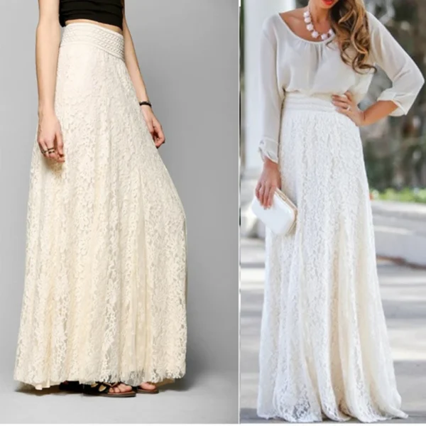 Women Double Lace Layer Chiffon Pleated Long Maxi Skirt Elastic Waist Floral Ankle-length White Black Long Skirt Streetwear 1