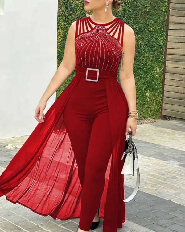 2024 Summer Women's Sexy Round Neck Rhinestone Sheer Mesh Sleeveless Jumpsuit with Belt New Fashion Rompers Womens Jumpsuit 1