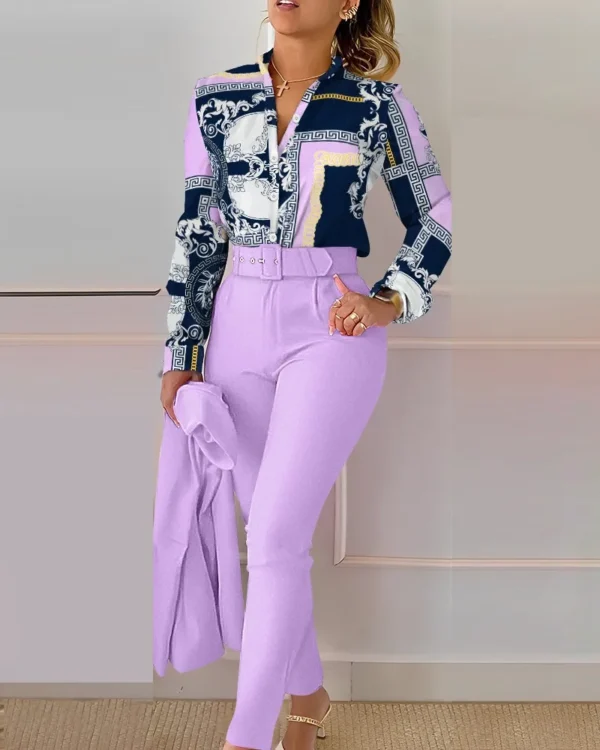 Elegant Long Sleeve Shirt Pants Set Office Lady Spring Autumn V Neck Floral Print Trousers Two Piece Set Women Outfit 2023 4