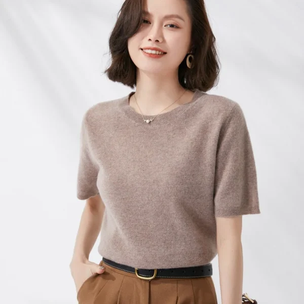 Spring and Summer New Short-sleeved Women O-neck Slim Wool Cotton Blend Pullover Vest T-shirt Knitted Base Sweater 2