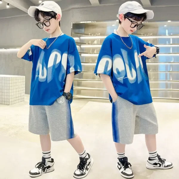 Boys Summer 2pcs Hiphop Style Leisure T-shirts+Pants Short Sleeved Suits 4-14 Years Teenage Korean Style Kids Streetwear Clothes 5