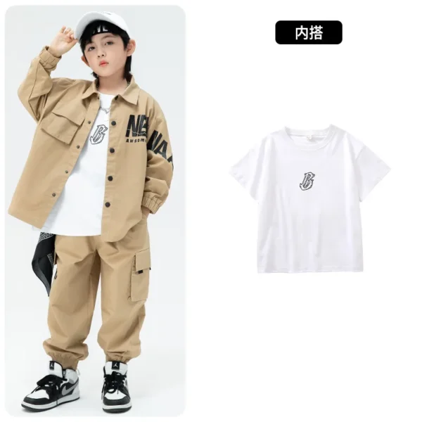 Kid Kpop Hip Hop Clothing Khaki Shirt Jacket Casual Streetwear Cargo Jogger Pants for Girl Boy Jazz Dance Costume Clothes Set 6