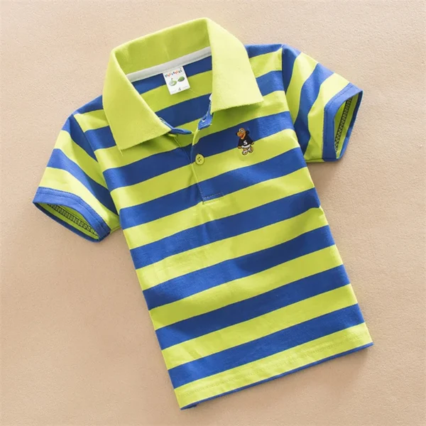 T-shirt For Boys Summer Children Short Sleeve Stripe Tees Cartoon Bear Embroidery Tops Teens Breathable Polo Shirt Kids Clothing 4