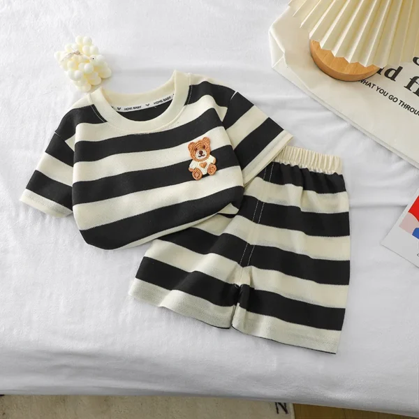 Children's Clothing Sets Bear Decorated Striped Short Sleeve Top + Shorts 2pcs Kids Clothes Boys Boys Outfits for 1 To 6 Years 4