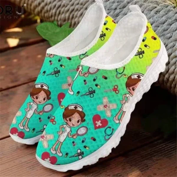 New Cartoon Nurse Doctor Print Women Sneakers Slip on Light Mesh Shoes Summer Breathable Flats Shoes Zapatos Planos 6