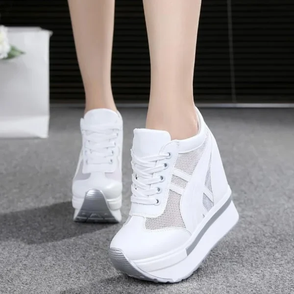 2024 New Classic Women Mesh Platform Sneakers White Shoes 10CM High Heel Wedges Outdoor Breathable Casual Shoes Autumn Round Toe 2