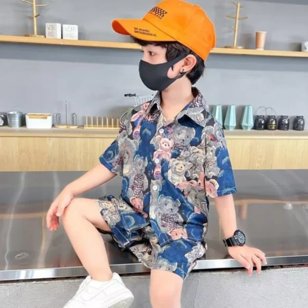 Summer Teenage Boy Clothes Set Cartoon Bear Short Sleeve Lapel Shirts and Shorts Suit Children's Boys Top and Bottom Streetwear 4