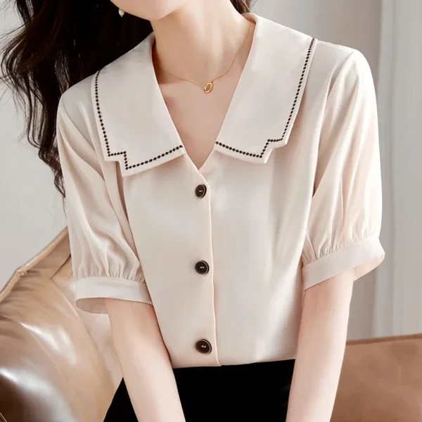 Summer Women's Short Sleeve Doll Neck French Bubble Sleeve Solid Color Simple Commuter Chiffon Shirt Women Tops Blouse A735 4