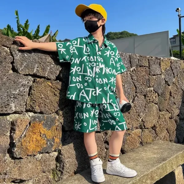 Boys' Clothing Set Summer New Children's Printed Short sleeved Shirt Shorts 2-piece Set Teenage Boys Sports Set 2