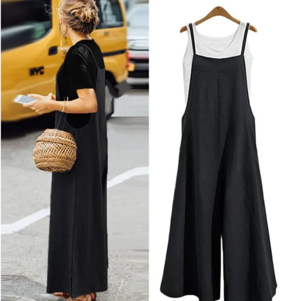 Women Straps Jumpsuit Summer Solid Color Wide Leg Pants Dungaree Bib Overalls Casual Loose Sleeveless Cotton Linen Jumpsuits 5Xl 2