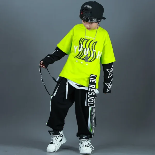 Kids Fashion Hip Hop Clothing Oversize Green Hoodie Streetwear Black Cargo Shorts For Girls Boys Jazz Dance Costume Clothes 3