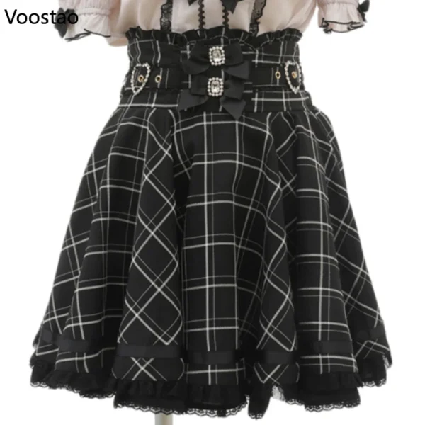 Gothic Lolita Ribbon Double Bow High Waist Skirt Women Sweet Pearl Buckle Lace Pleated Skirt Japanese Cute A-Line Mini Skirts 1