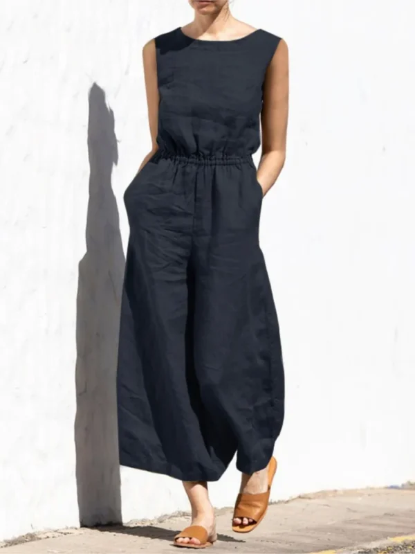 Cotton And Linen Jumpsuit Women Solid Color Sleeveless Pocket High Waist Wide Legs Jumpsuits Casual Commuting Ladies Bodysuits 1