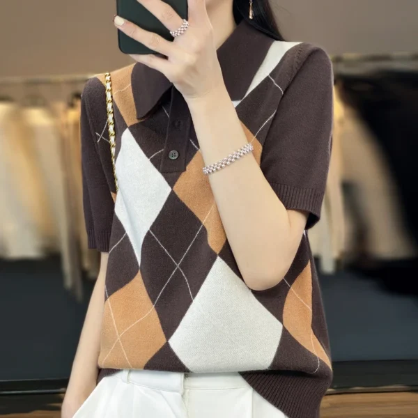 Spring Wool Contrast Rhombic Knitted Short-Sleeved Vest Color Matching POLO Collar Joker Loose Lazy Coat Half Sleeve Woman 5