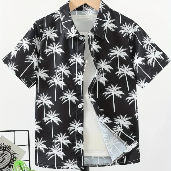 Beach Coconut Tree Print Boys Creative Top Shirts Casual Short Sleeve Lapel Shirt Tops Boys Clothes for Summer Outdoor Holiday 6