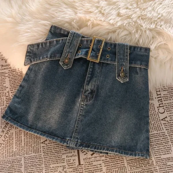 Vintage Women Denim Mini Skirts Summer Solid Belt Sexy Jeans Skirts Female Casual Ball Gown Korean Slim A Line Skirts New 2